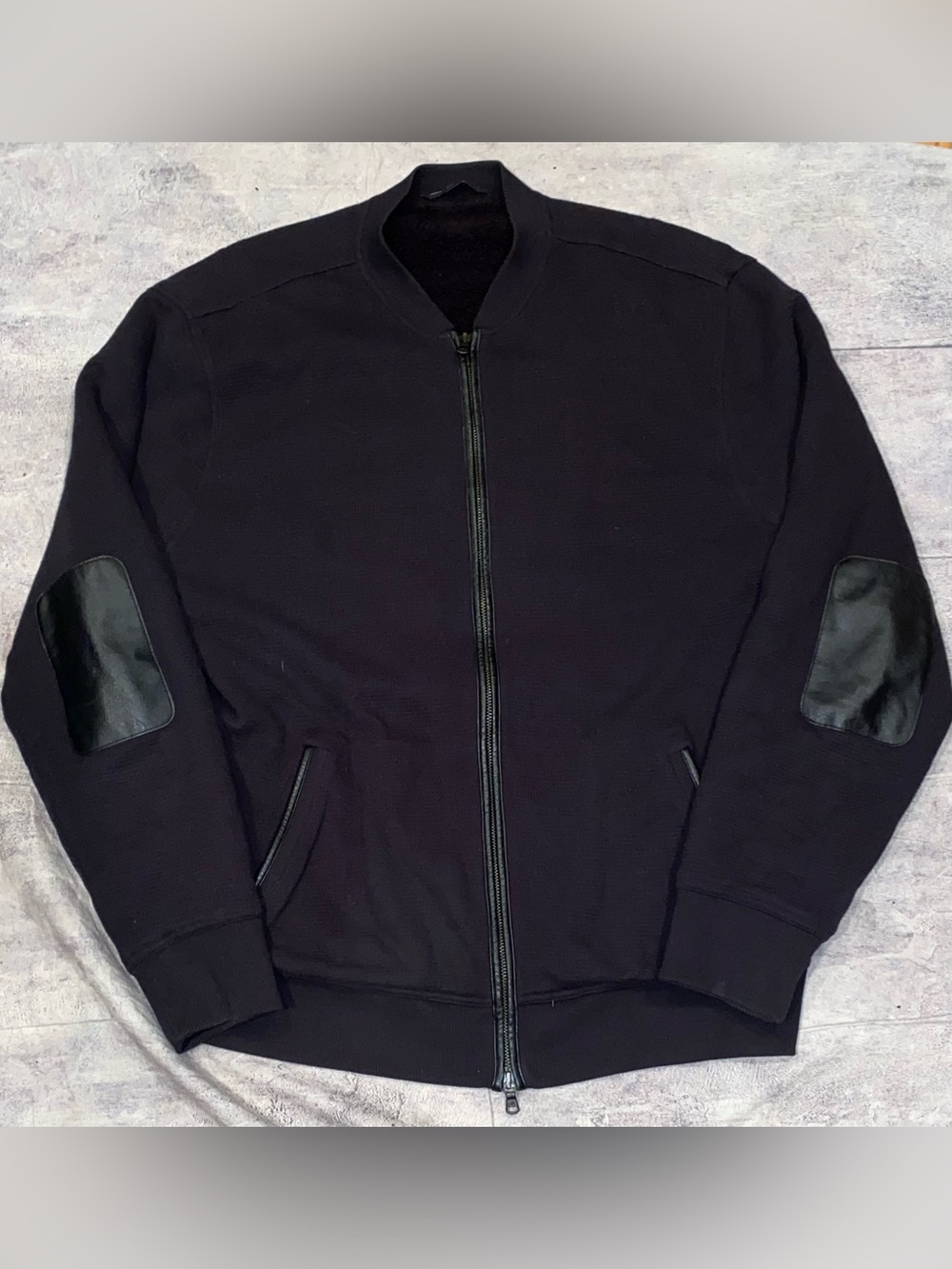 John Varvatos Leather Trim Accent Cotton Fleece Lined Zip Bomber Jacket Coat XL